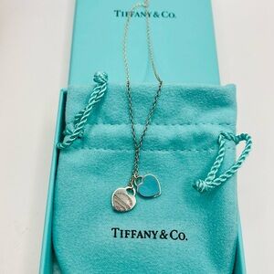 Tiffany & Co. RTT Mini Double Heart Tag Diamond Blue Enamel Necklace
